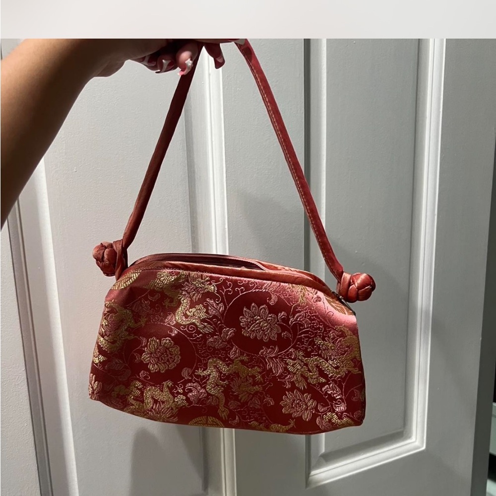 Pink and gold floral jacquard Asian print purse
